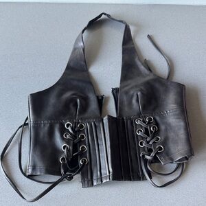 Peppermayo Brown Leather Lace-Up Halter Corset Top